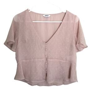 Express Blush Flutter Sleeve Peplum Pink Shimmer Crop Blouse Top Sz XS